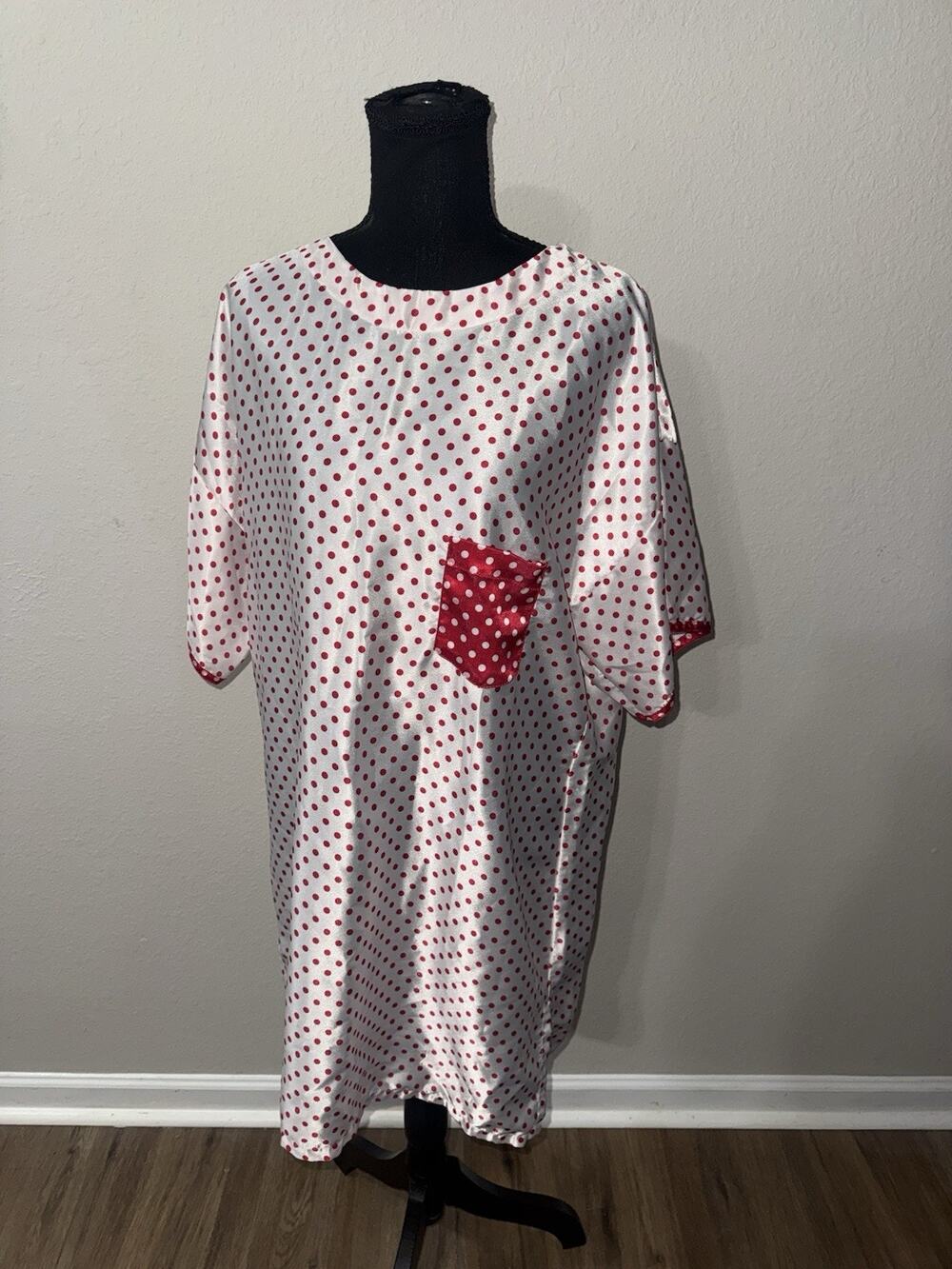 VTG Beth Michael Nightgown Medium White Red Polka Dot Satin Short Sleeve Sleep